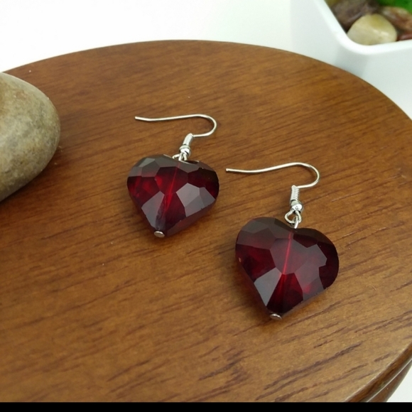 Glass Heart Silver Tone Hook Earrings - Picture 2 of 5
